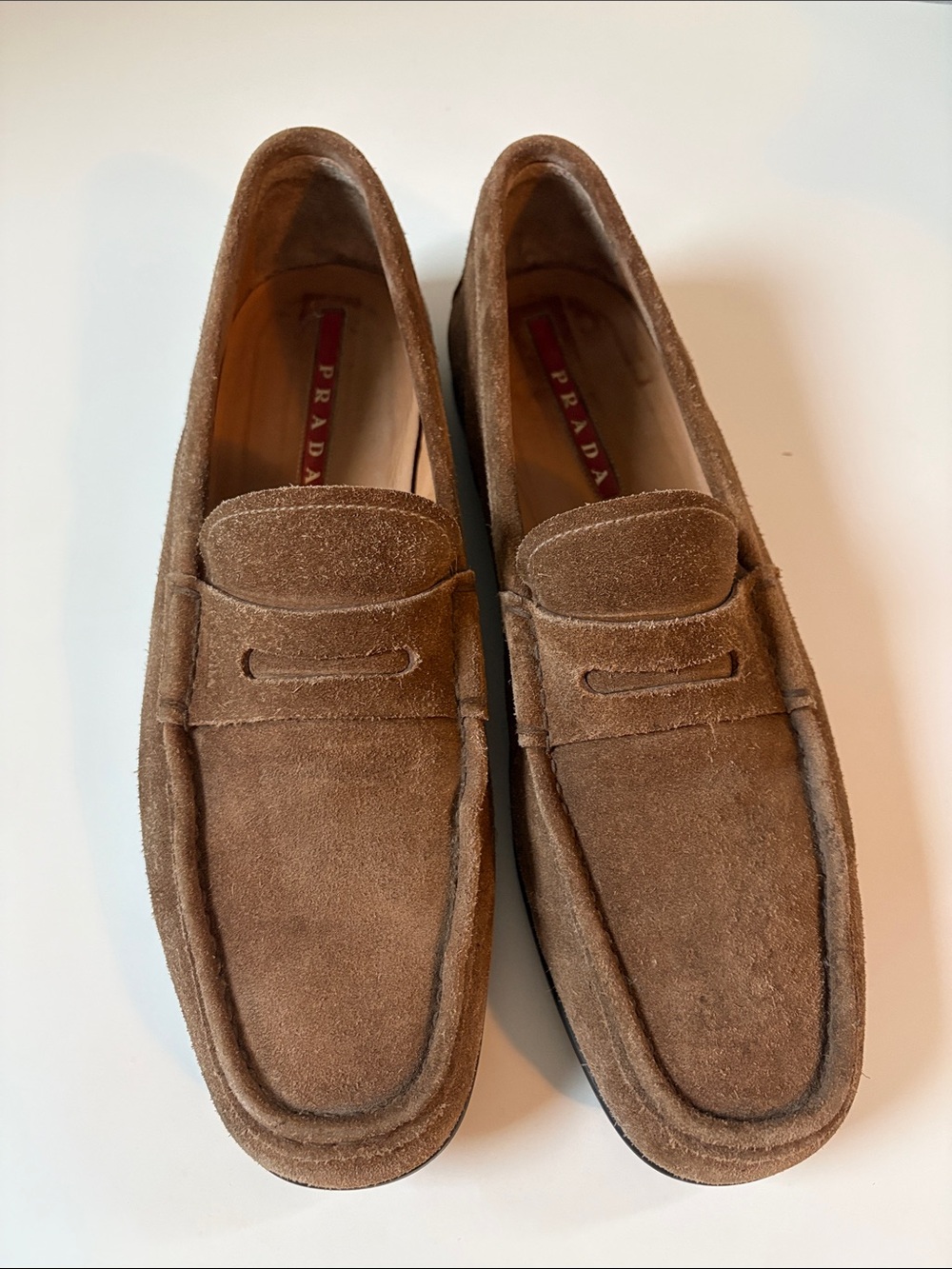 Prada Men’s Brown Suede Penny Loafers, Size 10